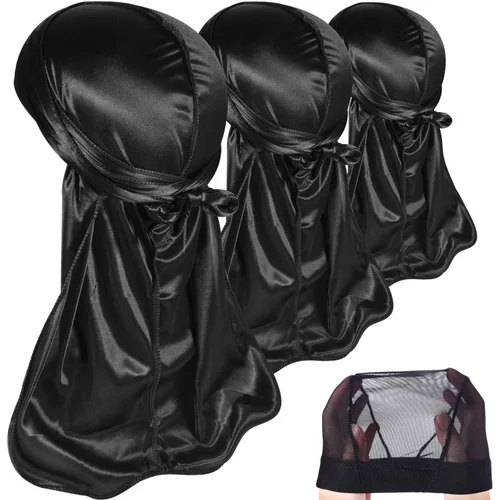 Vista 18 de Paquete de 3 piezas de durags sedosas para ondas de hombres, de regalo 1 gorra para marcar las ondas, talla única