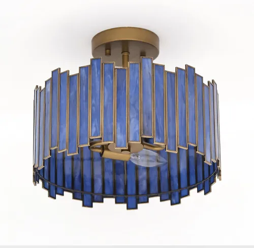 Vista 13 de Lámpara de techo de latón antiguo en forma de tambor, lámpara Tiffany semiempotrada de 12.5 pulgadas con vidrio verde Mable, iluminación colgante