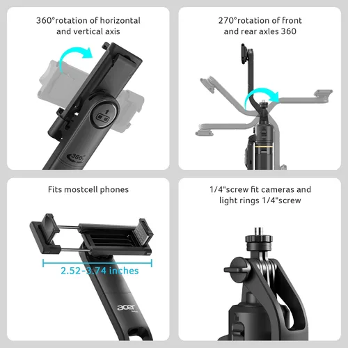 Vista 8 de Acer Gadget - Trípode de seguimiento automático de cara para iPhone, control de gestos, mini anillo de luz desmontable, 64 pulgadas, 360 grados