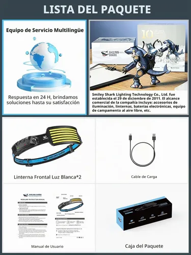 Vista 7 de Smiling Shark - Linterna frontal LED recargable integrada, paquete de 2 unidades de 6 luces blancas de gran angular impermeable con batería sellada