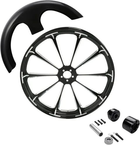 Vista 111 de TCMT Llanta de rueda delantera de 21", buje de rueda de brida de doble disco con guardabarros delantero negro sin pintar, compatible con modelos