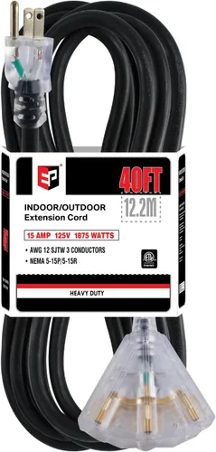 Vista 19 de EP Cable de extensión de 3 pies, 12/3 SJTW 3 tomas de corriente eléctrica Negro