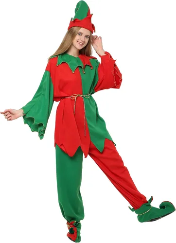 Vista 3 de EraSpooky Disfraz de elfo de Navidad unisex para adultos, conjunto completo, Rojo
