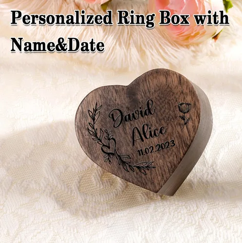 Vista 2 de Zhamate Caja de anillos de corazón personalizada, estuche de madera personalizado para anillos con texto y patrón, cajas de propuesta