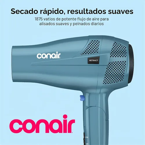 Vista 2 de Secador de pelo iónico Conair de 1875 W con mango plegable y guardacables, Azul