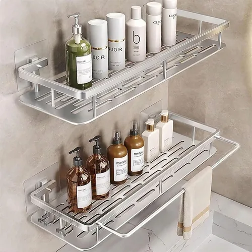 Vista 8 de EVALAND Paquete de 2 soportes adhesivos para ducha con ganchos y barra para toallas, color negro, estantes de ducha de baño de alta calidad