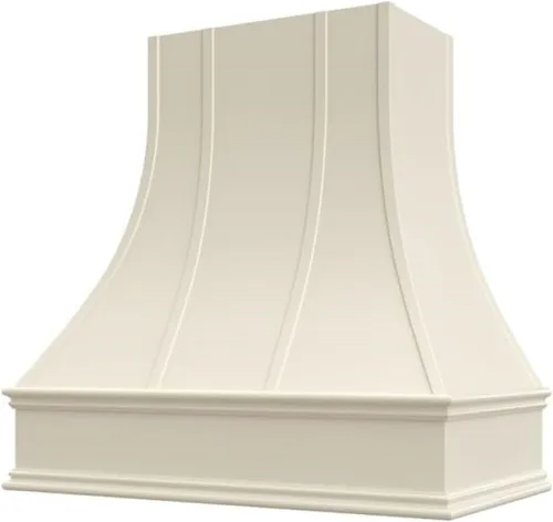 Vista 17 de Cubierta curvada para campana extractora de nogal americano con molduras decorativas, cubiertas de madera para campana extractora de pared, madera