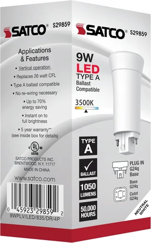 Vista 4 de Satco S29859 - Bombilla LED PL de 9 W, base G24q, vertical de 4 pines, 3500 K