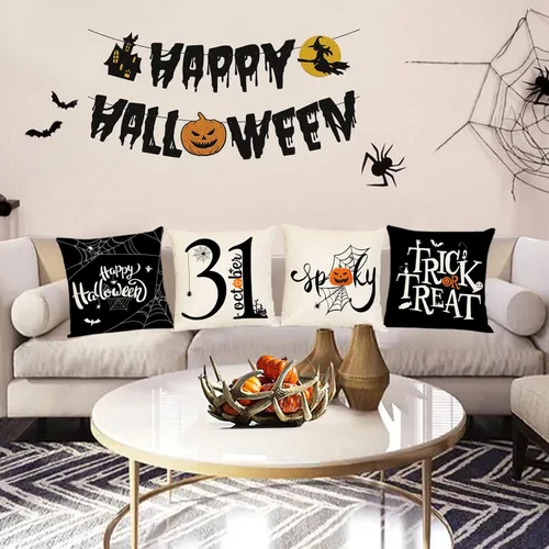 Vista 7 de Fundas de almohada de Halloween de 12 x 12 pulgadas, juego de 4 fundas de almohada decorativas con diseño de truco o trato, fundas de almohada