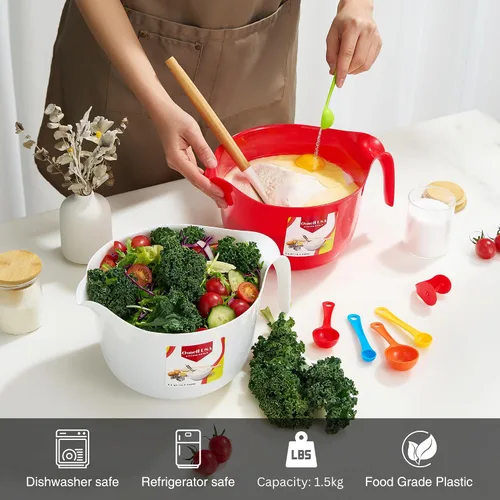Vista 3 de 9 piezas tazones grandes para mezclar con asas, 3.6 qt - Tazones de plástico anidables para cocina, tazones ligeros para masa, fáciles de limpiar