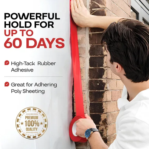 Vista 3 de IDL Packaging Cinta de estuco roja de 2 pulgadas x 60 yardas, 1 rollo, resistente – 60 días de larga duración – Se quita sin dejar rastro