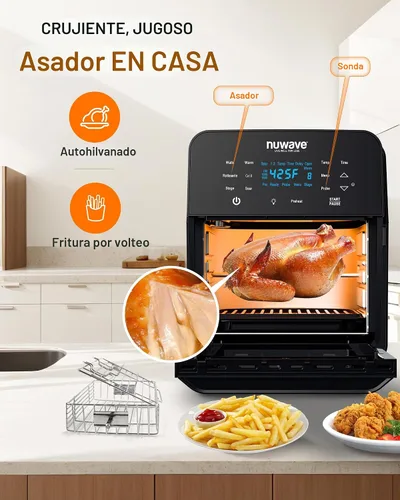 Vista 6 de [Usado] NuWave Brio 15.5Qt Horno y freidora de aire con asador, tamaño X-grande para familia, potente 1800W, 4 posiciones de parrilla, controles