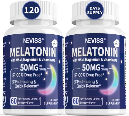 Vista 11 de NEVISS Melatonina 50 mg para Adultos - Fuerza Extra 9-en-1 de Disolución Rápida Sublingual - Dosis Alta con Glicinato de Magnesio, Vitamina D3