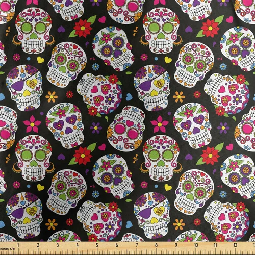 Vista 149 de Ambesonne The Yard, tela de calavera colorida con temática de Halloween, diseño de calavera y huesos cruzados, divertido estampado de dibujos