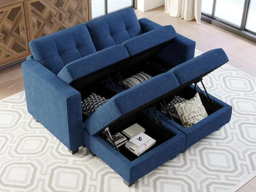 Vista 3 de Belffin Sofá modular modular con otomana de almacenamiento, sofá moderno en forma de L de tela con diván para espacios pequeños, azul