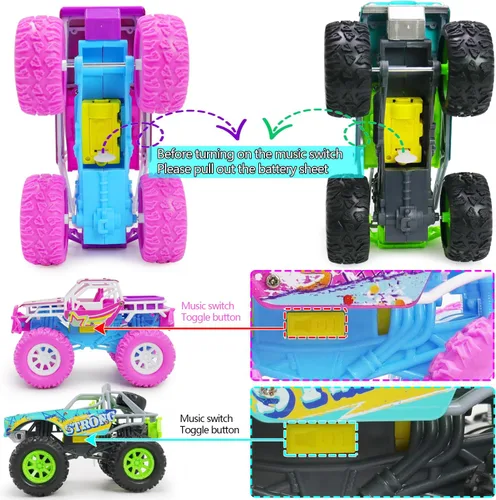 Vista 5 de Pink Toys Auto para niña pequeña, paquete de 2 camiones de juguete Push and Go de 6.3 pulgadas para niños de 3, 4, 5, 6 años, con luces LED, música