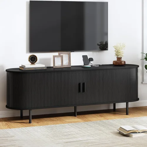 Vista 13 de Soporte de TV de 55 pulgadas con toma de corriente, consola multimedia moderna con puertas correderas, centro de entretenimiento para televisores