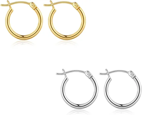 Vista 17 de Aretes de aro de oro para mujer chapados en oro real de 14 quilates con poste de plata de ley 925 Dorado