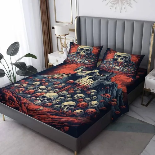 Vista 9 de Juego de sábanas de calavera tamaño individual, sábanas de microfibra suave con bolsillo profundo, sábanas y fundas de almohada estampadas sin