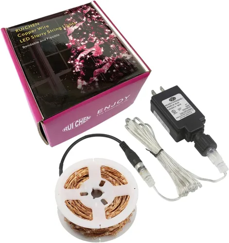 Vista 8 de RUICHEN Guirnalda de luces de alambre de cobre enchufable súper larga de 165 pies, 500 luces LED estrelladas con carrete, blanco cálido