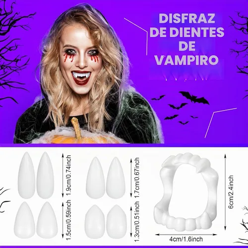 Vista 5 de Ramede Juego de 14 piezas de disfraz de vampiro de Halloween con capucha, máscara, aretes, gargantilla, pulseras de tatuaje, colmillos de cicatriz