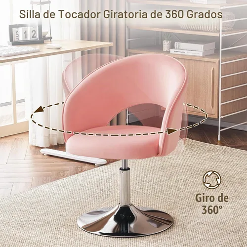 Vista 3 de Furnimart Silla de Tocador de Terciopelo Rosa Taburete de Tocador con Respaldo, Silla de Acento Giratoria de Altura Ajustable con Respaldo, Silla