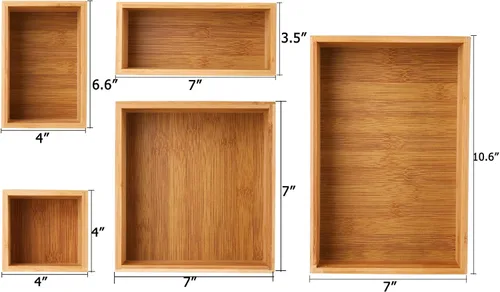Vista 2 de Lawei Juego de 5 cajas organizadoras de cajones de bambú, kit de caja de almacenamiento de escritorio, contenedores de almacenamiento de cajones