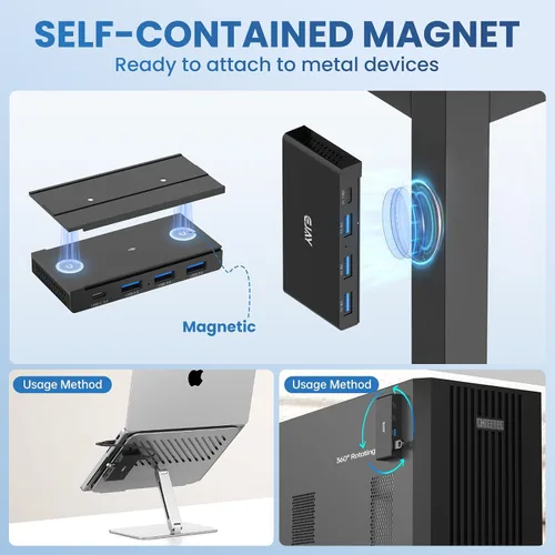 Vista 3 de EJAY Hub USB C magnético de 4 puertos, divisor de datos montable de 5 Gbps con cable de 59 pulgadas, concentrador USB debajo del escritorio