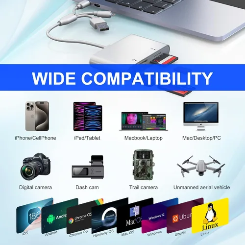 Vista 8 de OTG Memory Stick Pro Duo Adaptador 4 en 1 USB C/Lightning/USB-A a SD/TF/XD/MS lector de tarjetas para Sony Lexar Sandisk, lector de tarjetas