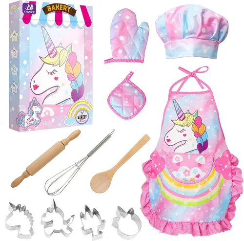 Vista 8 de Vanmor Juego de cocina y hornear de unicornio para niños, 11 delantales para niñas, sombrero de chef y delantal rosa, guante y utensilio