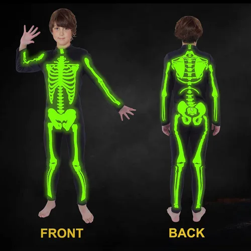 Vista 3 de ALUWU Disfraz de esqueleto de Halloween para niños y niñas, estampado 3D, overol genial para niños, cosplay que brilla en la oscuridad, talla 7 a 8