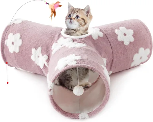 Vista 17 de Tempcore Túnel para gatos con tubo de juguete, túneles plegables de 3 vías para gatos, túneles para mascotas aburridas con agujero y pelota, juguete