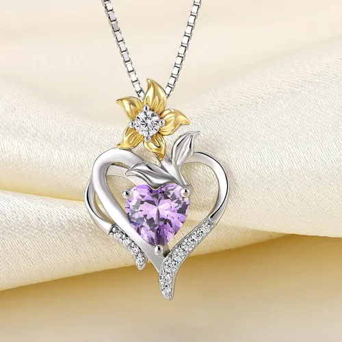 Vista 4 de YL Collar de corazón de plata de ley con colgante de flor de lirio para mujer
