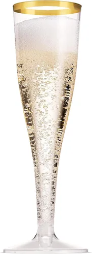 Vista 5 de Munfix Paquete de 50 copas de champán de plástico con borde dorado de 5 onzas, copas de plástico transparentes para tostar, elegantes, desechables