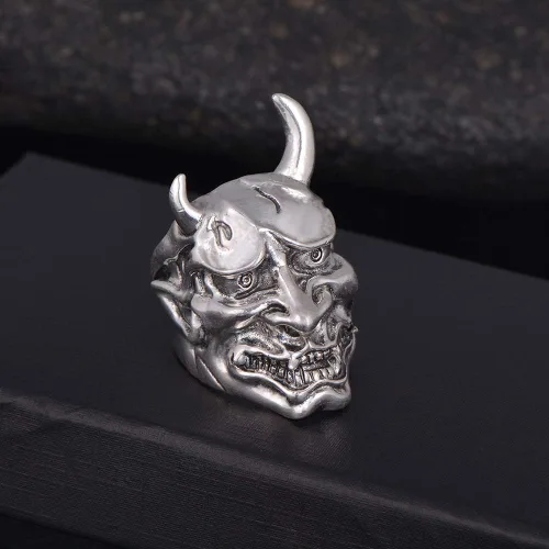 Vista 2 de Hannya Mask Ring Japanese Jewelry Mens Big Statement Biker Cool Devil Rings