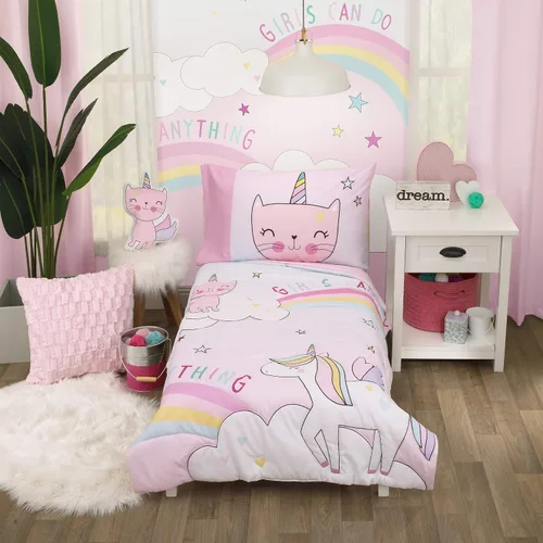 Vista 13 de Everything Kids Juego de cama infantil que brilla en la oscuridad con 4 piezas. Hada mágica, rosa, naranja, lavanda. Dinosaurios