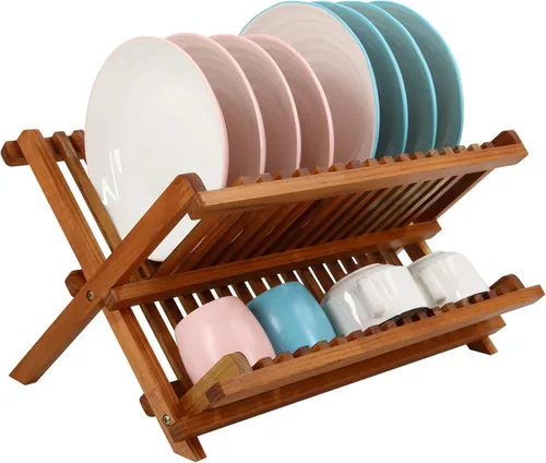 Vista 6 de Utoplike 4 separadores de cajones de cocina de bambú (16.8-21.8 pulgadas) y juego de escurridor de platos de teca de 2 niveles