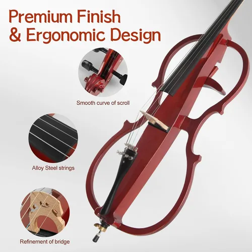 Vista 3 de Violonchelo eléctrico, violonchelo silencioso de tamaño completo 4/4 con conector para auriculares y bolsa de transporte, violonchelo profesional