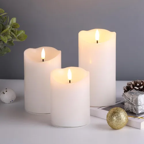 Vista 5 de Eywamage Velas de Pilar Blancas Sin Llama con Control Remoto, Velas de Cera LED Realistas Parpadeantes Alimentadas por Batería, Φ 3" H 4" 5" 6