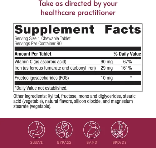 Vista 4 de Bariatric Advantage Hierro masticable de 29 mg - para pacientes de cirugía bariátrica - Hierro con vitamina C - Sin sabor a hierro - Suplemento