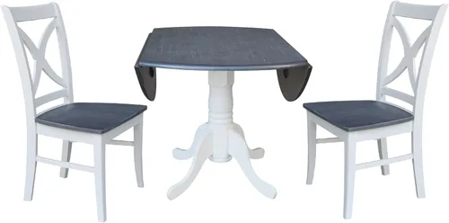 Vista 5 de IC INTERNATIONAL CONCEPTS Mesa de comedor de madera de hoja abatible de 42 pulgadas con 2 sillas con respaldo en X en blanco/gris jaspeado