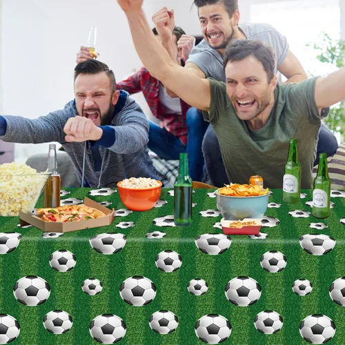 Vista 3 de Paquete de 4 manteles para fiesta de fútbol, manteles deportivos rectangulares de plástico, fundas de mesa para fiestas temáticas deportivas
