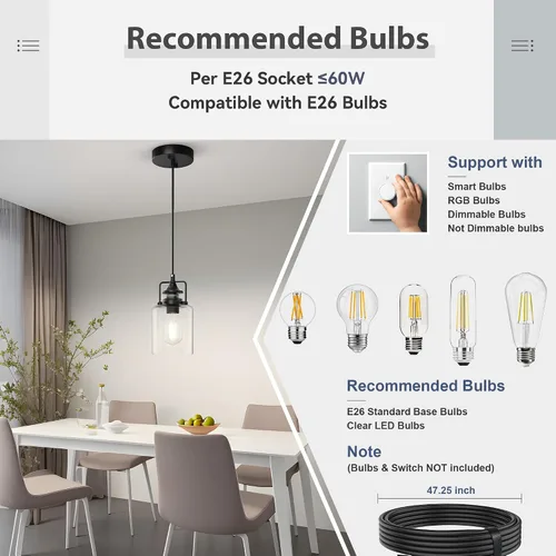 Vista 2 de Paquete de 3 Luces Colgantes para Isla de Cocina, Lámpara Colgante Negra Moderna, Luces de Isla de 47 Pulgadas, Cuerda Ajustable, Vidrio