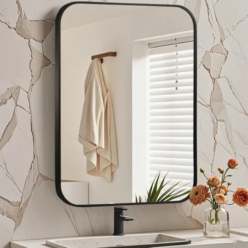 Vista 25 de Espejo de baño negro de 22"x30", espejo rectangular con marco de metal negro mate, espejo de tocador con esquinas cuadradas, espejo para pared
