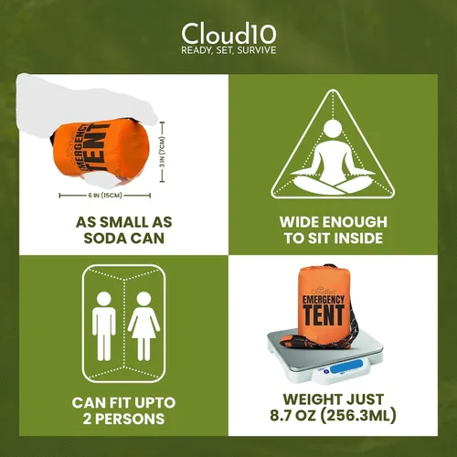 Vista 4 de CloudTen Emergency Tent: Lightweight 2 Person Survival Tent with Multi-Function Paracord Bracelets - Essential Survival Gear & Bug Out Bag Items for