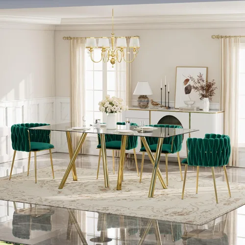 Vista 32 de Glam Style - Juego de mesa de comedor de 5 piezas para 4, mesa de comedor rectangular de vidrio templado de 51 pulgadas con base de metal dorado