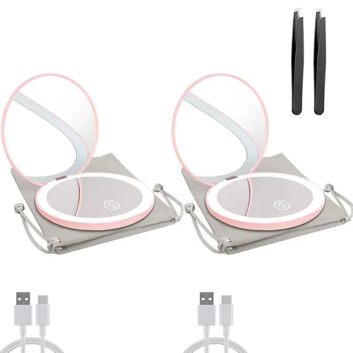 Vista 9 de Espejo compacto con luz LED, espejo recargable con aumento 1x/10x, 3.5 pulgadas, espejo de viaje regulable para bolso, bolsillo, espejo de Negro