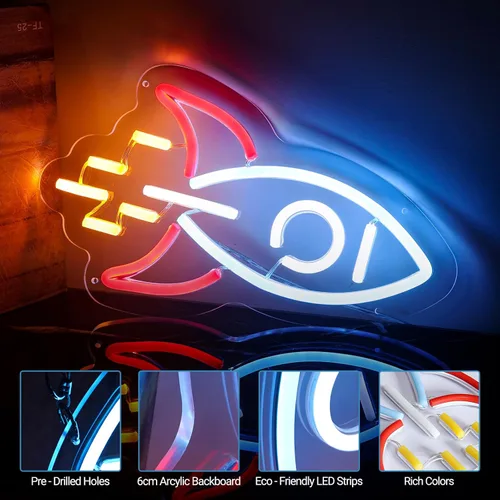 Vista 8 de Letrero de neón de cohete, luz LED de cohete para regalo de niño, letrero de luz regulable con alimentación USB para habitación de niños, sala