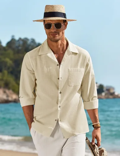 Vista 2 de COOFANDY Camisas de algodón y lino para hombre, de manga larga, casuales, con botones, para la playa