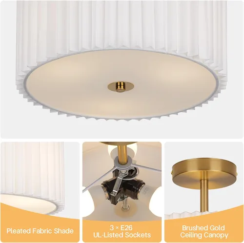 Vista 6 de Lámpara de techo moderna semiempotrada con pantalla de tela plisada, lámpara dorada de tambor de 12.5 pulgadas con luces, lámpara de lino blanco